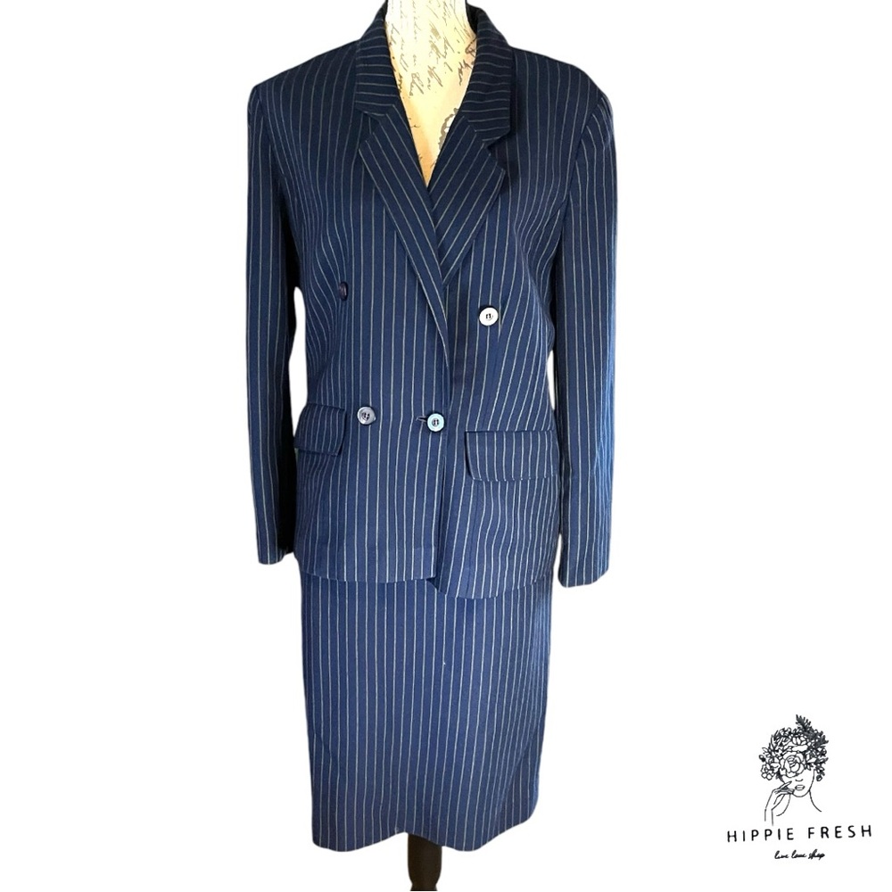 Vintage Pendleton Navy Pin Striped Skirt Suit 100% Virgin Wool S10/12
